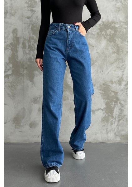 Kadın Yüksek Bel Jean Kot Palazzo Pantolon Mavi / 27