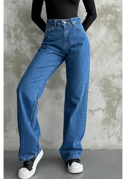 Kadın Yüksek Bel Jean Kot Palazzo Pantolon Mavi / 27 indirimleri