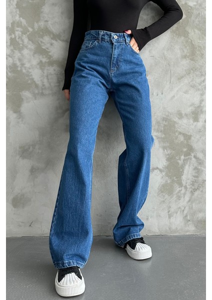 Kadın Yüksek Bel Jean Kot Palazzo Pantolon Mavi / 27