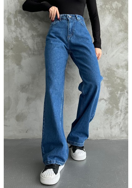 Kadın Yüksek Bel Jean Kot Palazzo Pantolon Mavi / 27