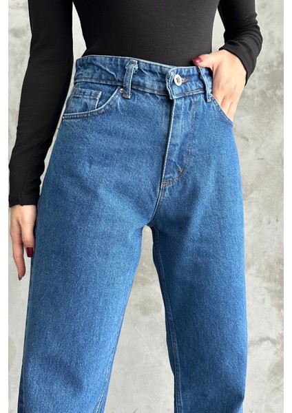 Kadın Yüksek Bel Jean Kot Palazzo Pantolon Mavi / 27