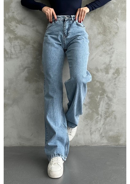 Kadın Yüksek Bel Jean Kot Palazzo Pantolon Kar Yıkama / 29