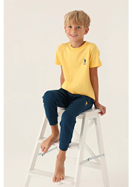 U.s. Polo Assn Lisanslı Palm Tree Krem Erkek Çocuk Pijama Takımı