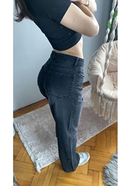 Kadın Siyah Yıkamalı Wide Leg Baggy Jean Dokuma Kumaş Geniş Paça Model
