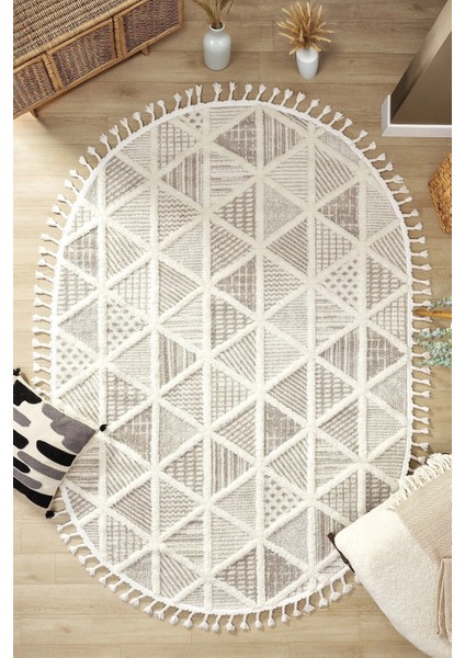 Krem Bej Dokuma Oval Halı Antre Çocuk Odası Oturma Odası Salon Mutfak Halısı Oval