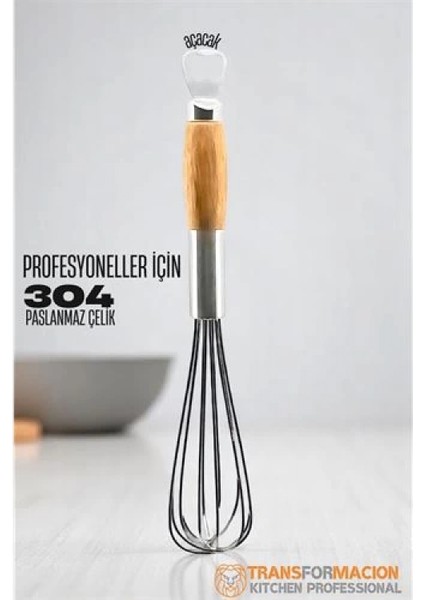 Modacar Ahşap Saplı Açacaklı Çırpıcı 304 Paslanmaz Çelik Yumurta ve Sos Çırpıcı Çırpma Teli