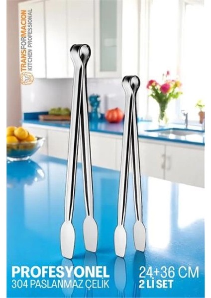 Modacar 2 Boy Mutfak Maşası - Mangal Barbekü Maşası - Izgara Maşası Tava Maşası Çelik 18 ve 36 cm