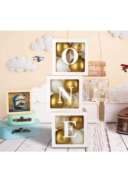 One Yazılı Beyaz Şeffaf Balon Kutusu 25X25 cm 1 Yaş Doğum Kosepti modelleri