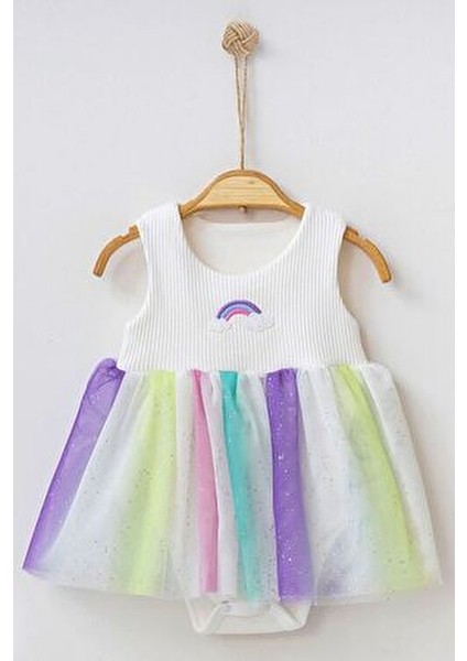 Gökkuşağı Nakışlı Tüllü Çıtçıtlı Zıbın Elbise (%100 Pamuk)