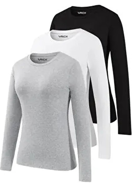 Kadın 3'lü Basic Uzun Kollu Tişört Sporcu Body T-Shirt Ekonomik Paket