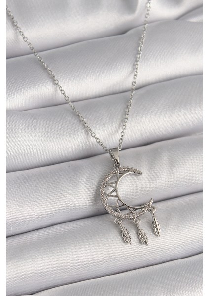 316L Çelik Gümüş Renk Zincir Zirkon Taşlı Hilal Model Sallantı Yaprak Detay Kadın Ke