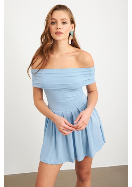 Kadın Mavi Madonna Yaka Midi Elbise MON1262-1