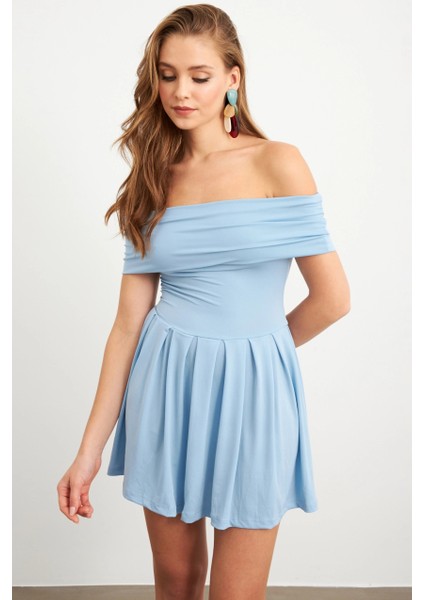 Kadın Mavi Madonna Yaka Midi Elbise MON1262-1 fiyatları