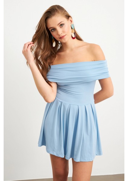 Kadın Mavi Madonna Yaka Midi Elbise MON1262-1 modelleri