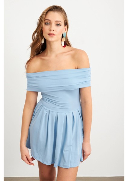 Kadın Mavi Madonna Yaka Midi Elbise MON1262-1 fırsatları