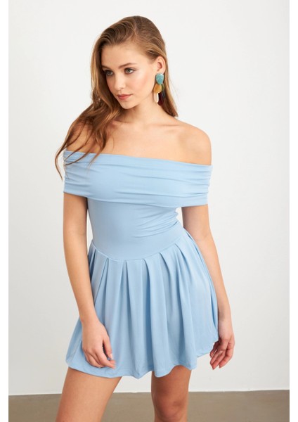 Kadın Mavi Madonna Yaka Midi Elbise MON1262-1 indirimleri