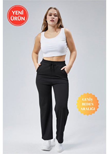 Curve Kadın Siyah Çift Cepli Beli Lastikli Boru Paça Fitilli Tayt Eşofman Altı