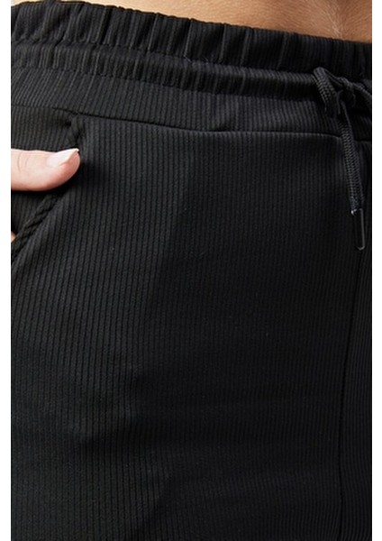 Curve Kadın Siyah Çift Cepli Beli Lastikli Boru Paça Fitilli Tayt Eşofman Altı