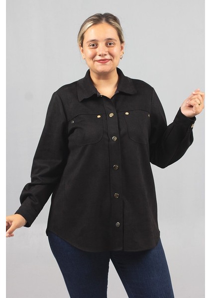 Büyük Beden Siyah Süet Gömlek