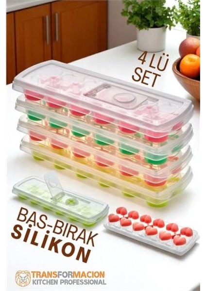 Modacar Buz Kalıbı - Bas-Bırak Kapaklı Silikon Buz Kalıbı 4 Lü Set