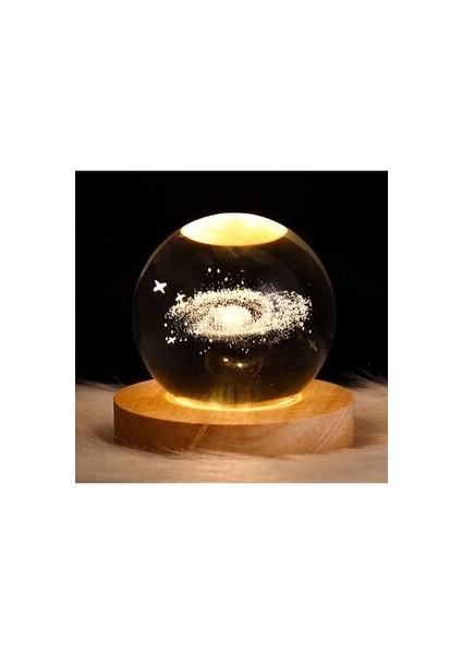 Samanyolu Dekarasyon Işıklı Ahşap Standlı Cam Küre, USB Kablolu Cam Küre