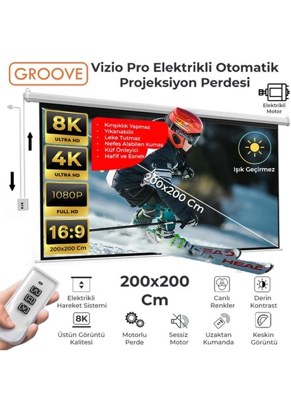Vizio Pro 200X200CM Blackout Işık Geçirmez Elektrikli Otomatik Kumandalı Projeksiyon Perdesi +Motorlu+Canlı Renkler+Göz Koruması+Leke Tutmaz Projector