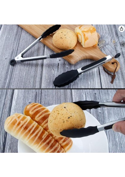 Metal Gövdeli Ayarlanabilir Silikon Uçlu Servis Maşası Yanmaz Yapışmaz Kızartma Maşası (21 Cm)