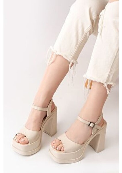 Kadın Della Bilekten Bağlamalı Krem Renk Platform Topuklu Ayakkabı 12CM Yüksek indirimleri