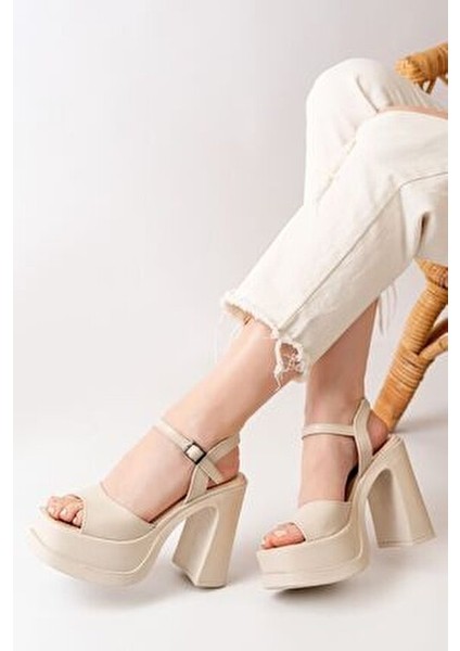 Kadın Della Bilekten Bağlamalı Krem Renk Platform Topuklu Ayakkabı 12CM Yüksek