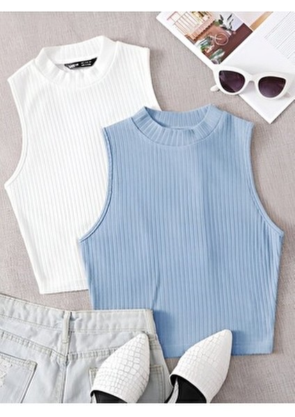 Kadın 2 Li Adet Fitilli %100 Pamuklu Örme Kaşkorse Crop Bluz Atlet