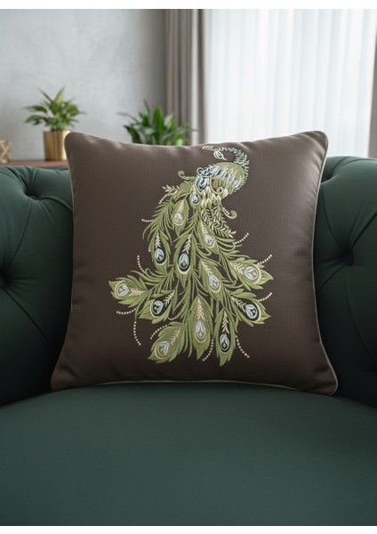 Nakış Işleme Tavus Kuşu Desenli Kırlent Kılıfı | Kenarları Biyeli - 43X43 cm