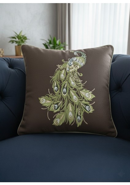 Nakış Işleme Tavus Kuşu Desenli Kırlent Kılıfı | Kenarları Biyeli - 43X43 cm indirimleri