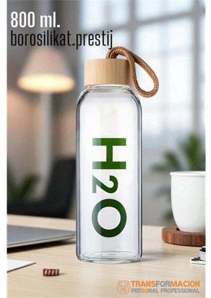 Transformacion Cam Matara - 800 ml Bambu Kapaklı Borosilikat Cam Matara - Ofis Matarası