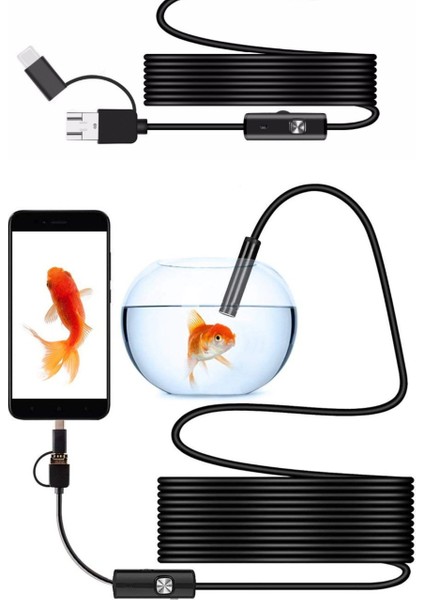 3-In-1 Endoskop Kamera, USB ve Android, Type-C Bağlantılı, 6 LED Işıklı, Sert Kablo,su Geçirmez,yılan Kamera, Borescope