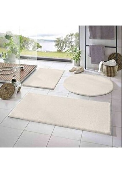 Vl Yıkanabilir Kaymaz Taban Post Peluş Banyo Paspası Üçlü Takım Ekru