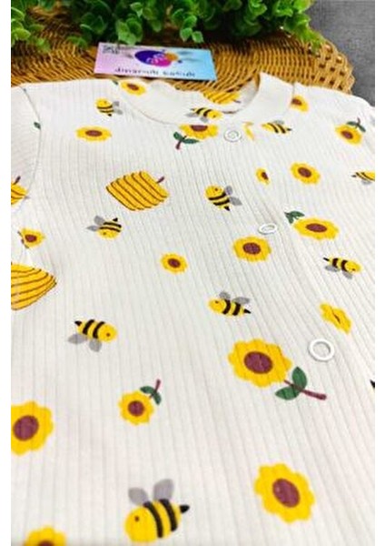 Unısex Bebek Safari ve Arı Baskılı Çıtçıtlı Yenidoğan Bebek Tulumu %100 Pamuk Esnek 1-3-6 Aylık