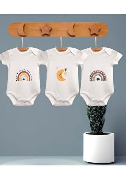 %100 Organik Pamuk 3'lü Kısa Kollu Zıbın Unisex Ay Baskılı Temalı Ürün