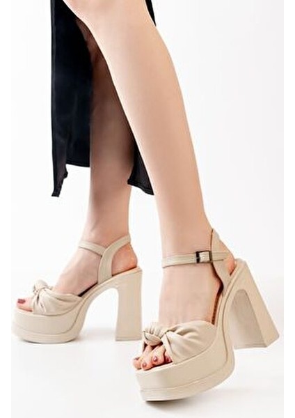 Kadın Fiyonk Bantlı (12cm) Platformlu Topuklu Ayakkabı krem fiyatları