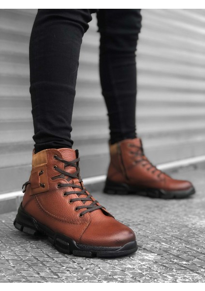 ET0184 Içi Dışı Hakiki Deri Taba Erkek Fermuarlı Yarım Bot modelleri