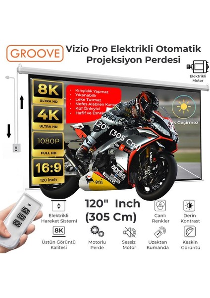 Vizio Pro 120¨ Inch Blackout Işık Geçirmez Elektrikli Otomatik Kumandalı Projeksiyon Perdesi 265X150CM +Motorlu+Canlı Renkler+Göz Koruması+Leke Tutmaz Projector