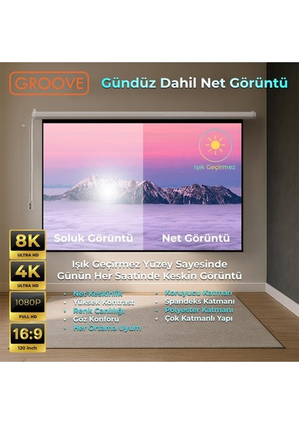 Vizio Pro 120¨ Inch Blackout Işık Geçirmez Elektrikli Otomatik Kumandalı Projeksiyon Perdesi 265X150CM +Motorlu+Canlı Renkler+Göz Koruması+Leke Tutmaz Projector modelleri