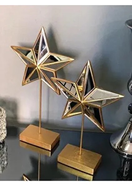 2'li Yıldız Superstar Gold Altın Şık Tasarım Ev Ofis Aynalı Yıldız Obje Biblo Büyük Boy Dekoratif