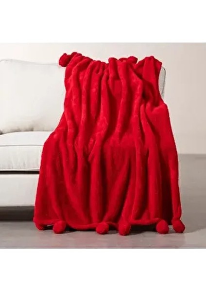 Ponponlu Diz Üstü Battaniye Kırmızı 130X160
