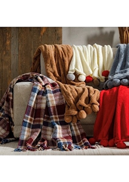 Ponponlu Diz Üstü Battaniye Kırmızı 130X160 fırsatları