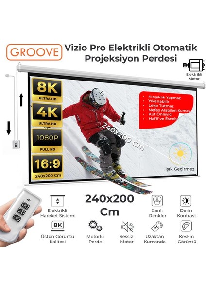 Vizio Pro 240X200CM Blackout Işık Geçirmez Elektrikli Otomatik Kumandalı Projeksiyon Perdesi +Motorlu+Canlı Renkler+Göz Koruması+Leke Tutmaz Projector