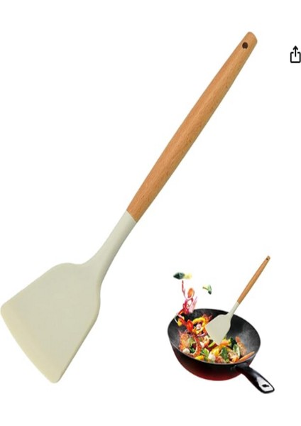 Silikon Servis Spatula Yanmaz Yapışmaz Isıya Dayanıklı Mutfak Spatulası Bambu Saplı 32 cm