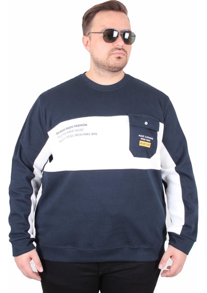 Mocgrande Büyük Beden Bisiklet Yaka Cepli Sweat Double Face Pike 25702 Lacıvert