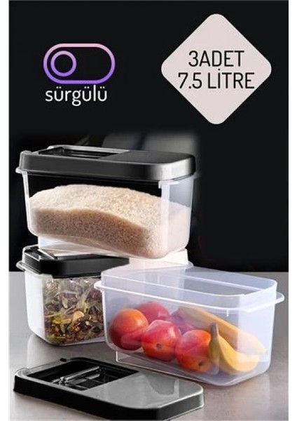 Modacar Erzak Bakliyat Saklama Kabı 3 Lü Set 7.5 Lt Antrasit