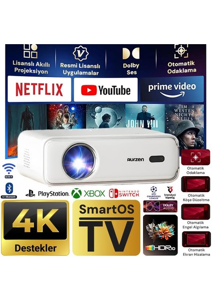 Aurzen D1 Smart Tv 4K Destekli Projeksiyon Cihazı +HDR10+AUTO Focus+Auto Keystone+6g Wifi+6.1bt+Dolby Ses Sistemi - Ps5/ps4/xbox