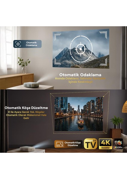 Aurzen D1 Smart Tv 4K Destekli Projeksiyon Cihazı +HDR10+AUTO Focus+Auto Keystone+6g Wifi+6.1bt+Dolby Ses Sistemi - Ps5/ps4/xbox modelleri